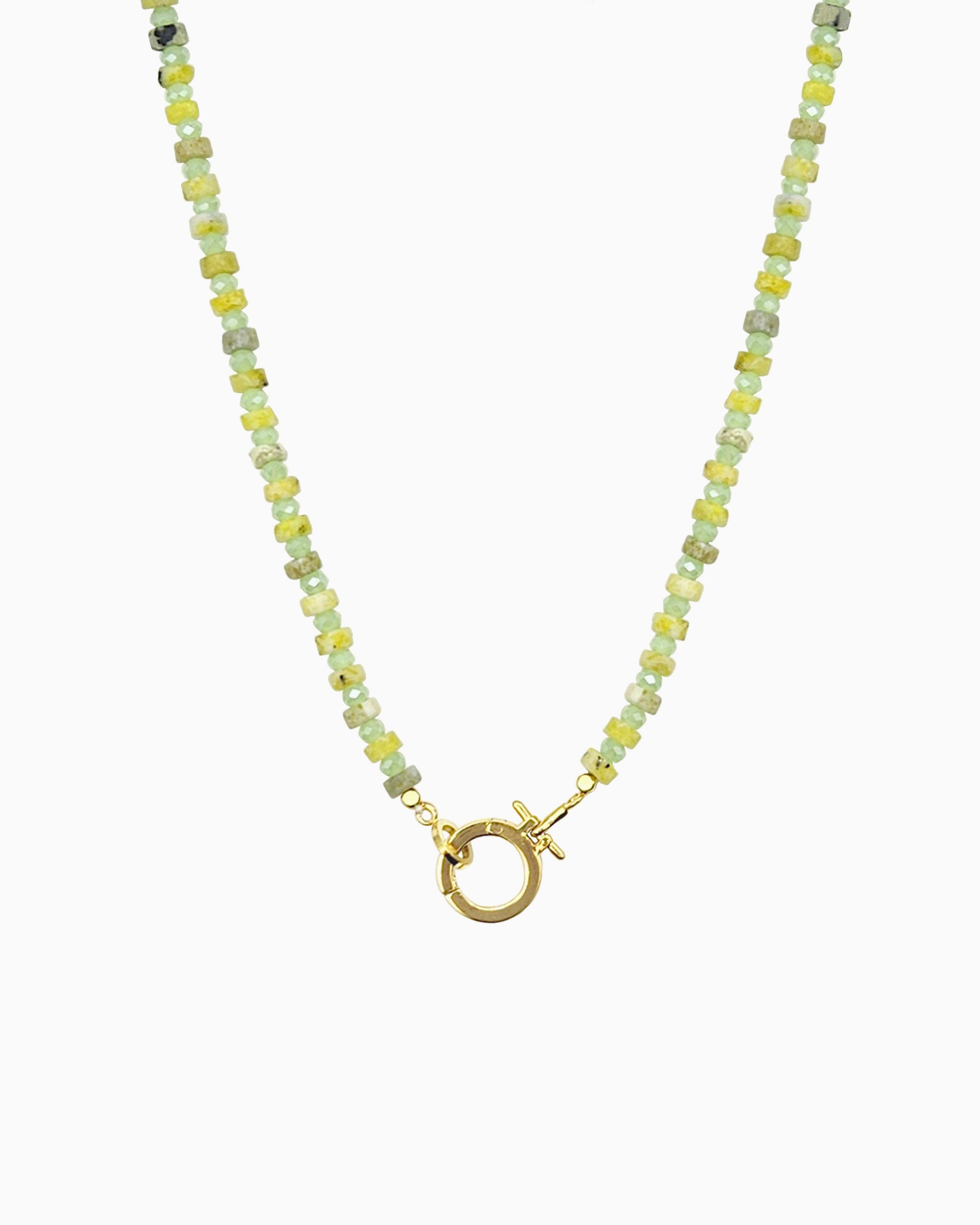 greenery beaded charm holder necklace with front toggle ring hinged clasp