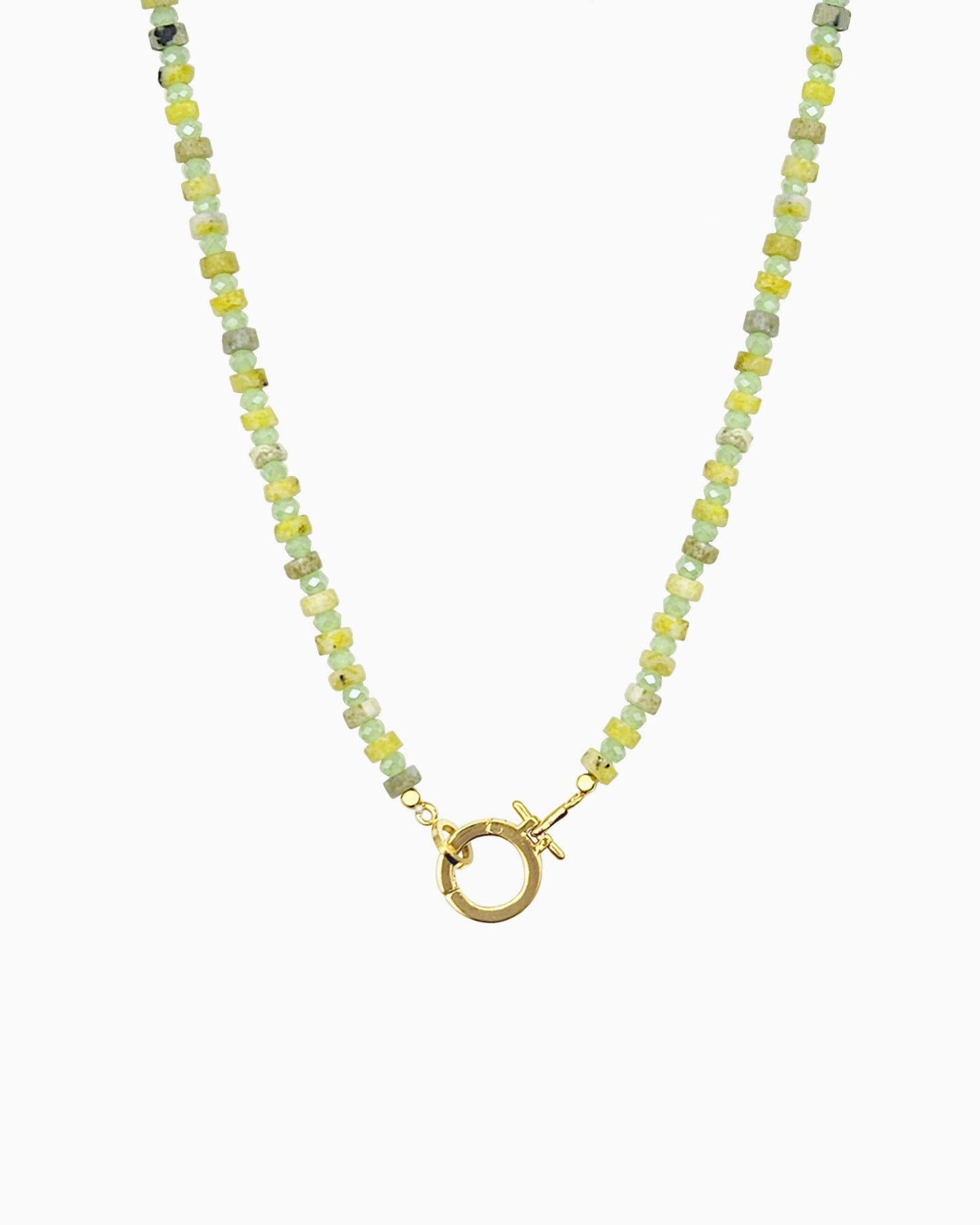 greenery beaded charm holder necklace with front toggle ring hinged clasp