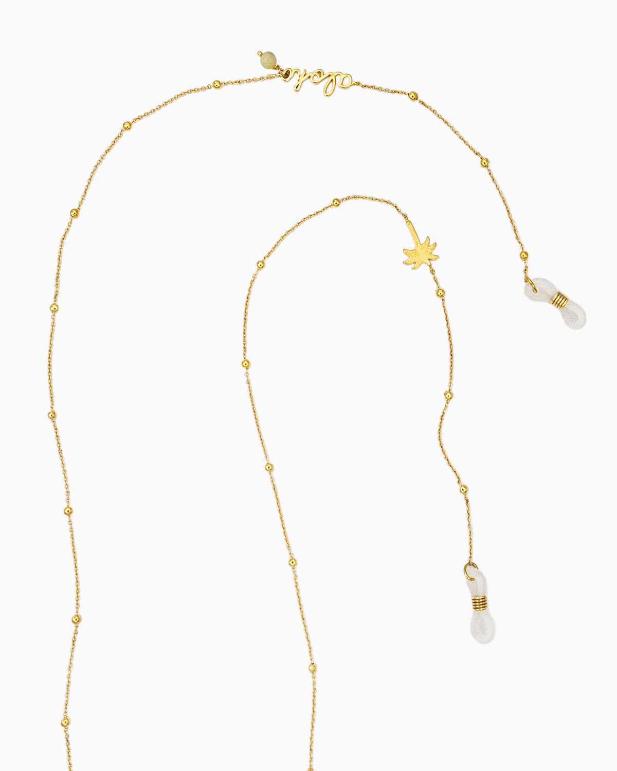 Sunlit Green sunglass chain with Aloha script, yellow turquoise bead, and brushed gold palm tree charm