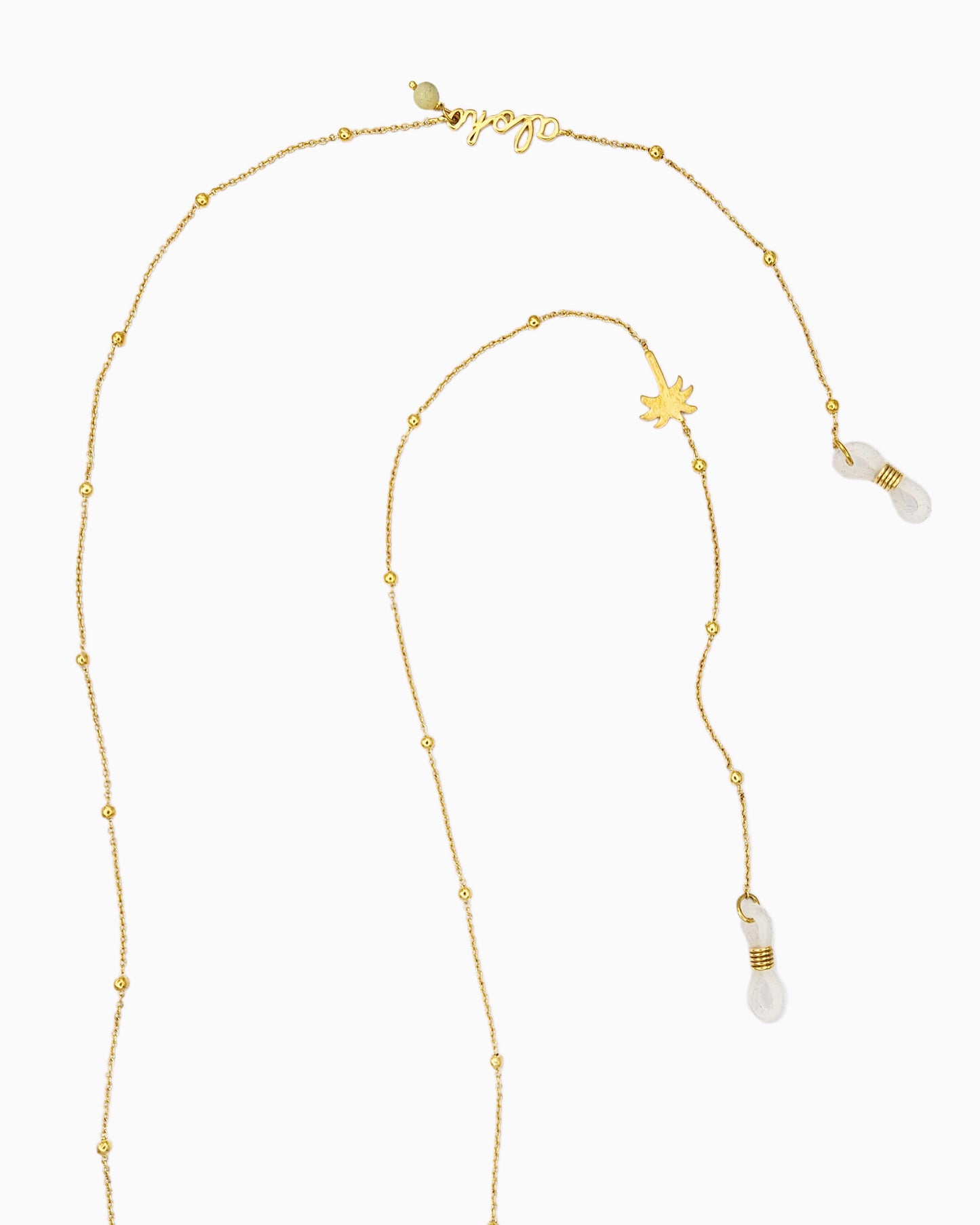 Sunlit Green sunglass chain with Aloha script, yellow turquoise bead, and brushed gold palm tree charm