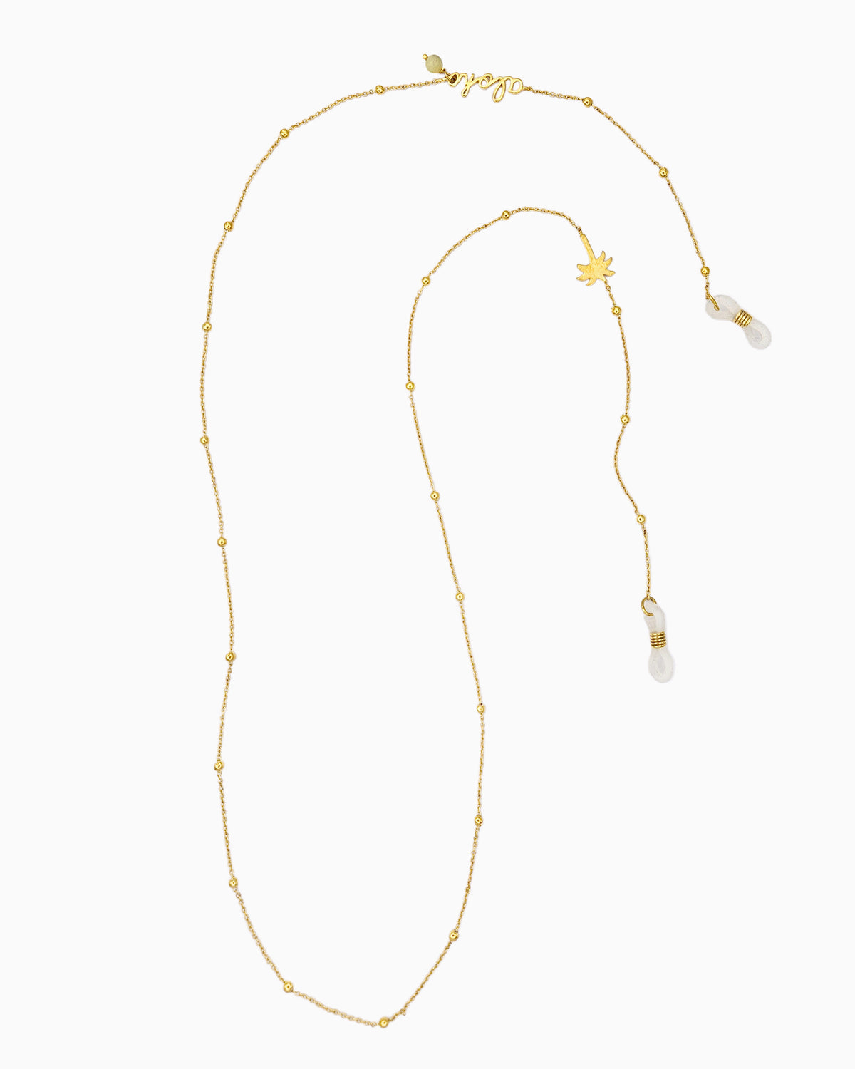 Sunlit Green sunglass chain with Aloha script, yellow turquoise bead, and brushed gold palm tree charm