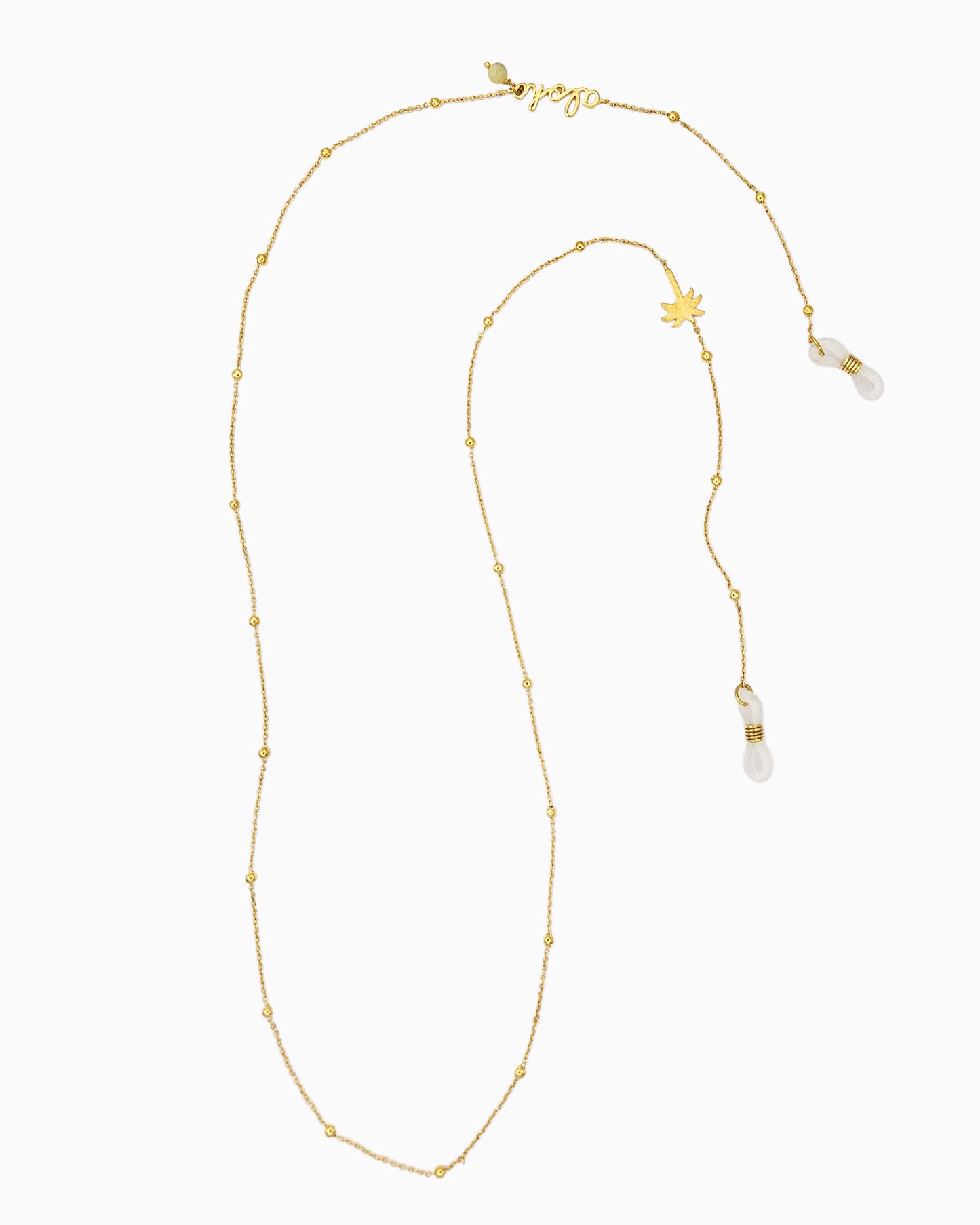 Sunlit Green sunglass chain with Aloha script, yellow turquoise bead, and brushed gold palm tree charm