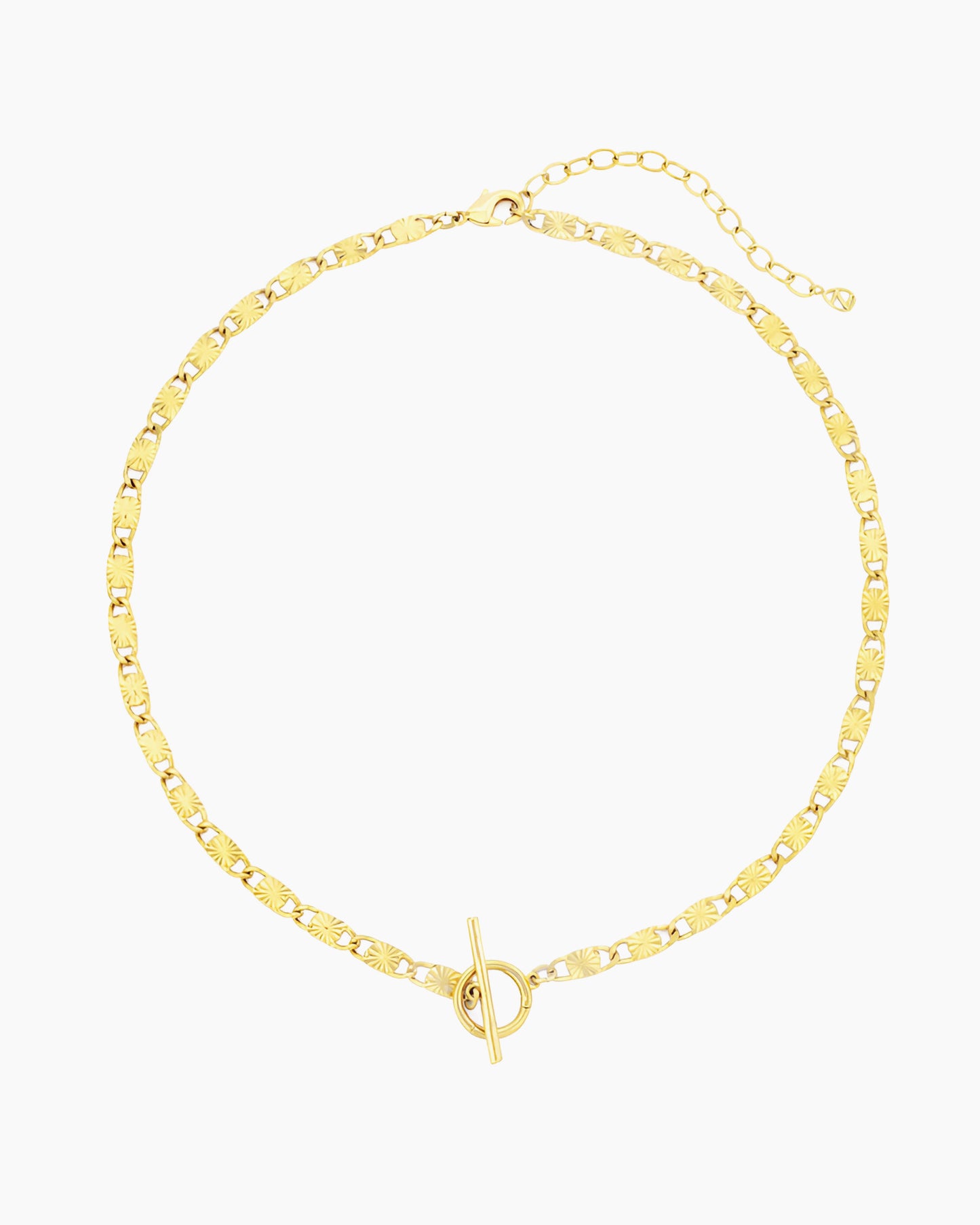 sunburst chain charm holder necklace with front toggle clasp in gold finish