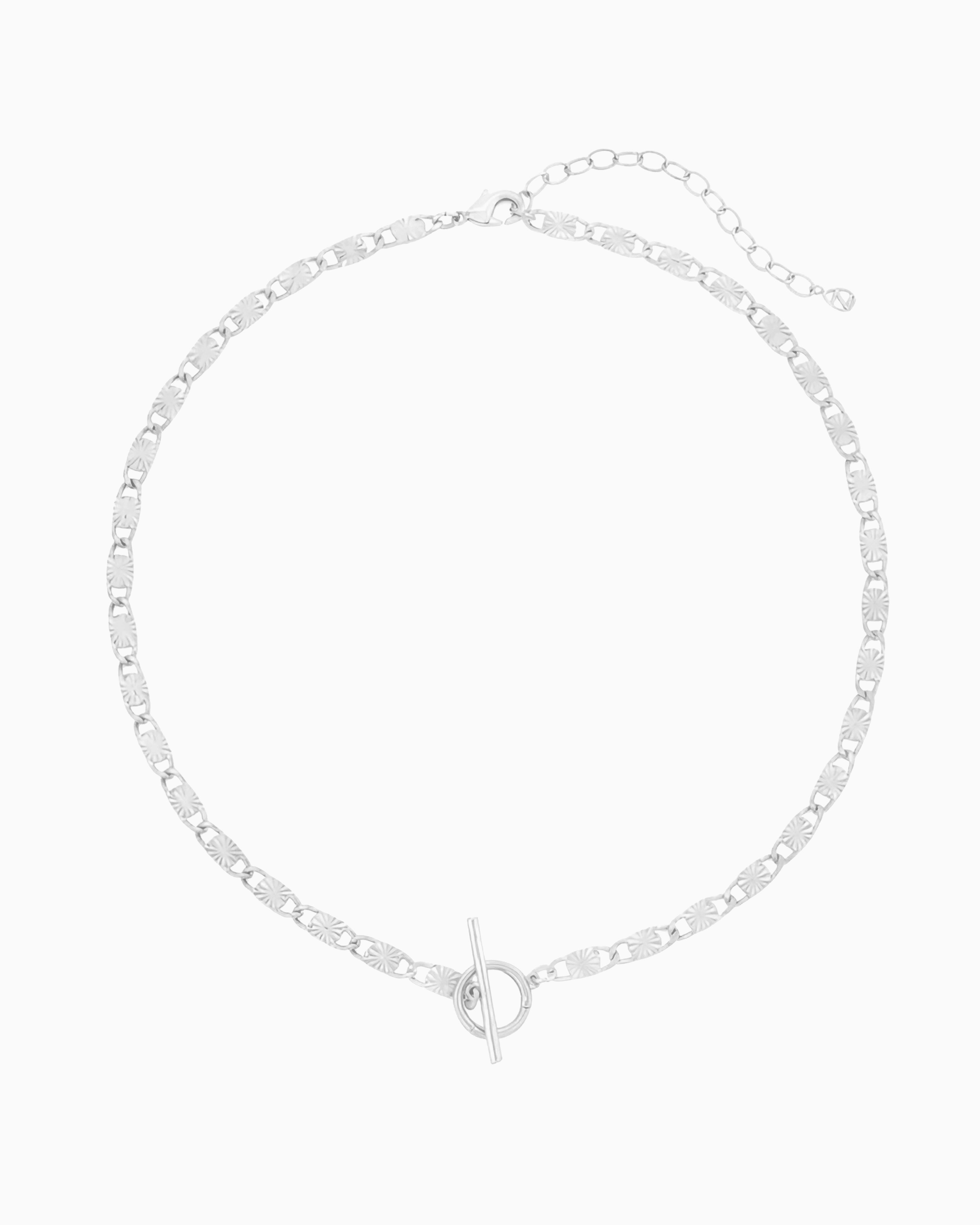 sunburst chain charm holder necklace with front toggle clasp in silver finish