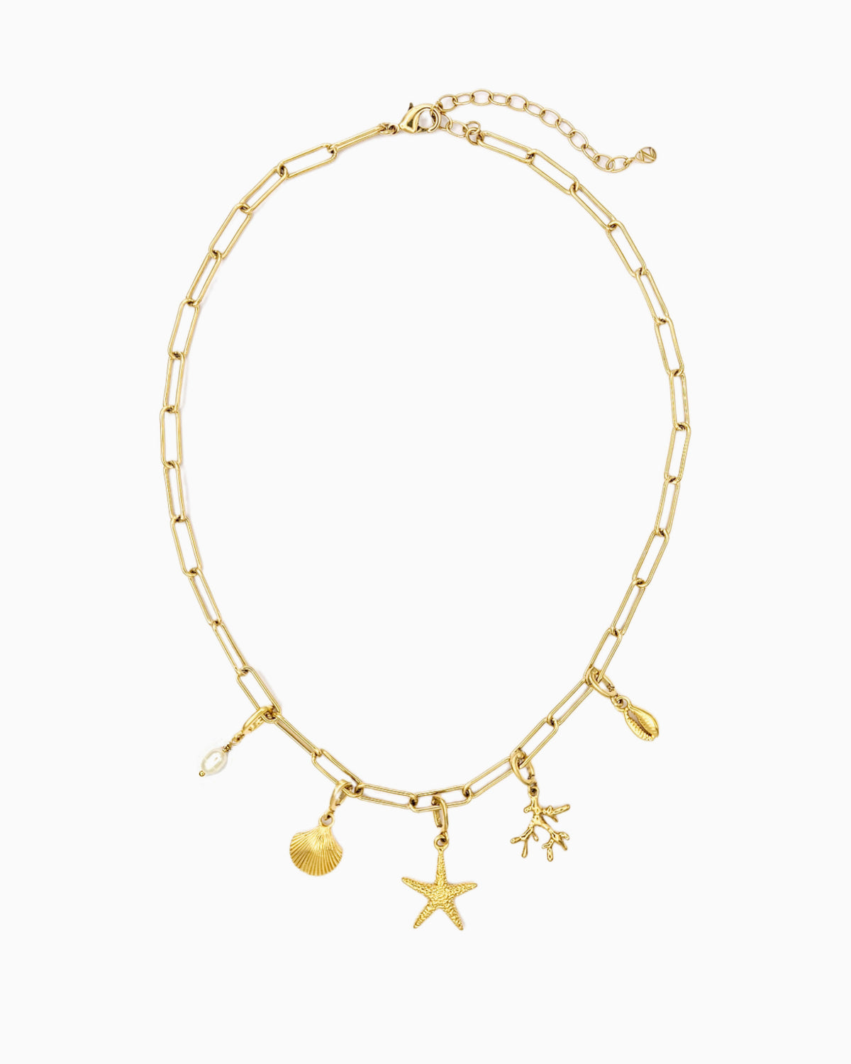 Seaside Charm Necklace with removable cowrie shell, coral branch, starfish, seashell, and  freshwater pearl clip-on charms on a gold paperclip chain