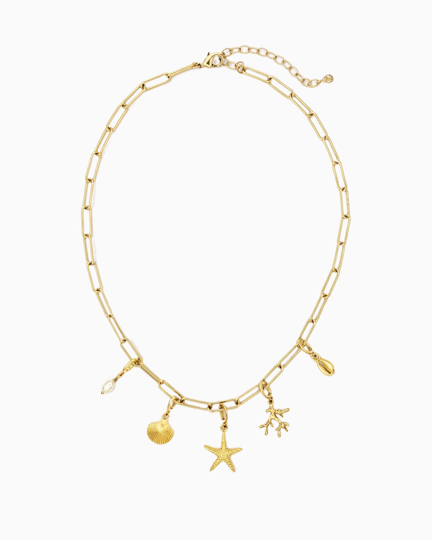 Seaside Charm Necklace with removable cowrie shell, coral branch, starfish, seashell, and  freshwater pearl clip-on charms on a gold paperclip chain