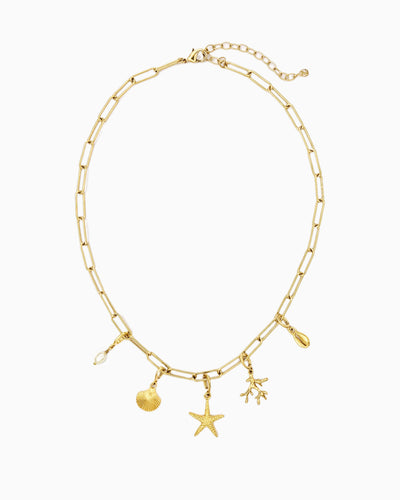 Seaside Charm Necklace with removable cowrie shell, coral branch, starfish, seashell, and  freshwater pearl clip-on charms on a gold paperclip chain