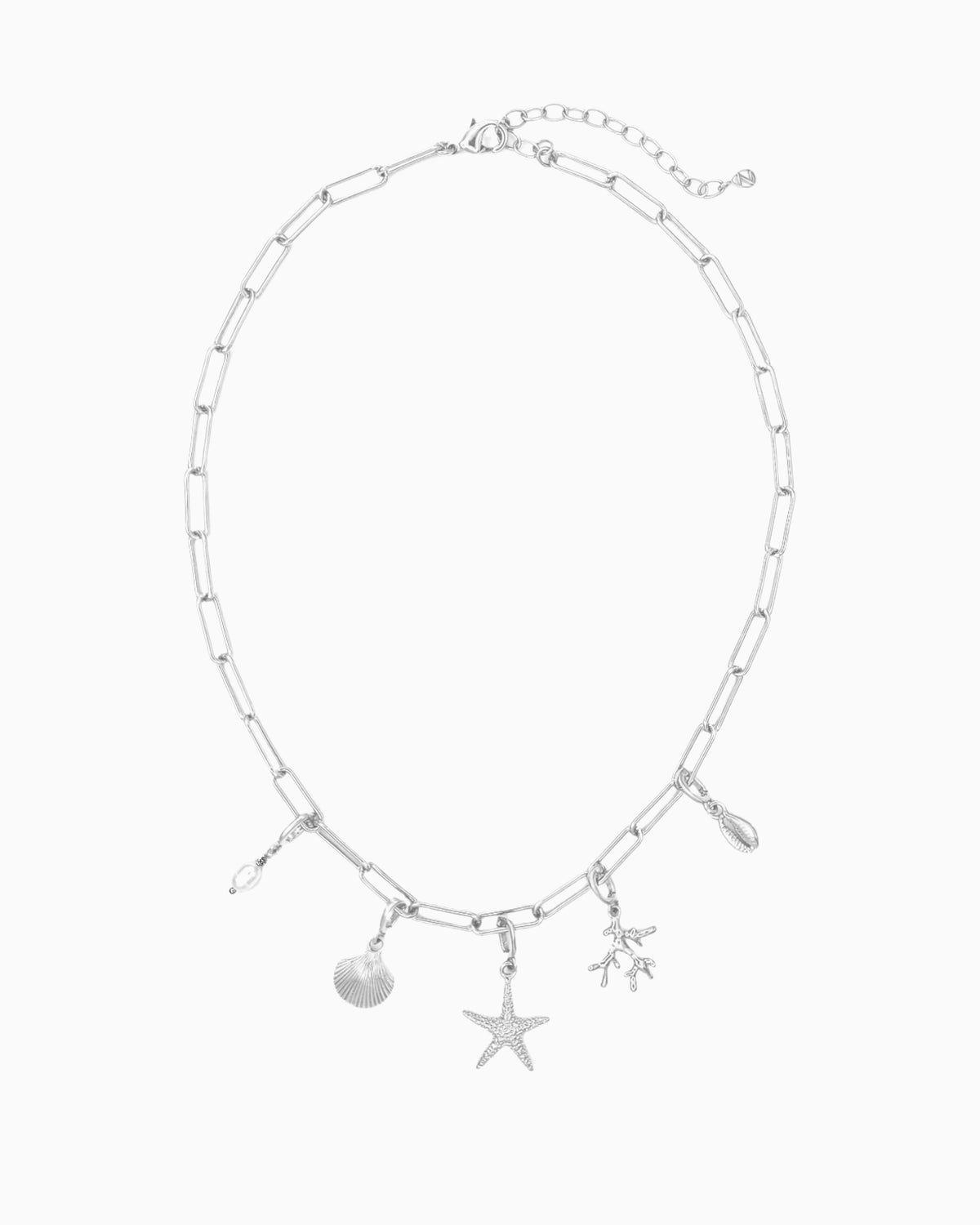 Seaside Charm Necklace with removable cowrie shell, coral branch, starfish, seashell, and  freshwater pearl clip-on charms on a silver paperclip chain