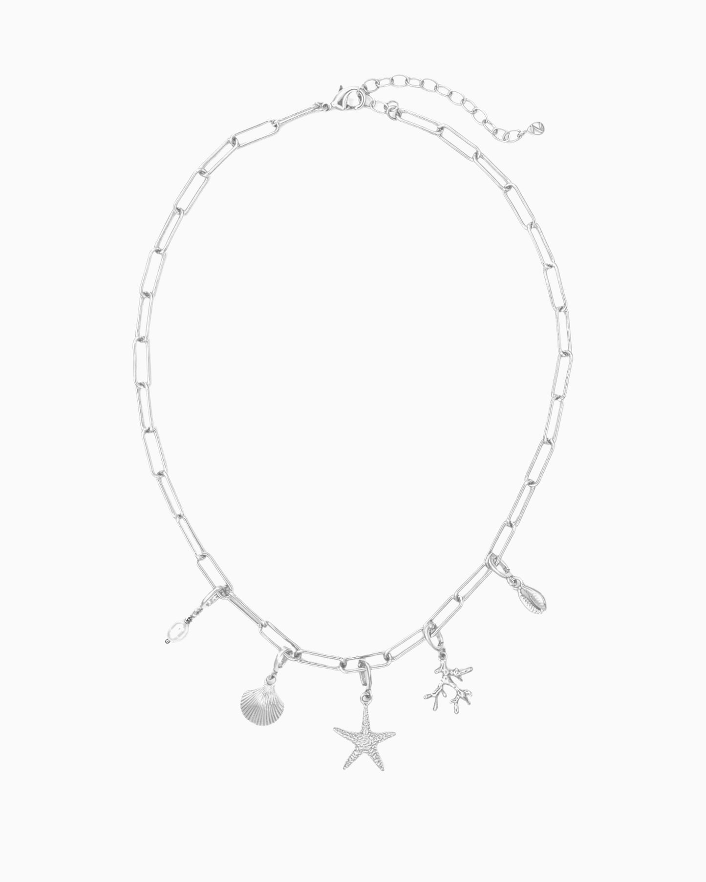 Seaside Charm Necklace with removable cowrie shell, coral branch, starfish, seashell, and  freshwater pearl clip-on charms on a silver paperclip chain