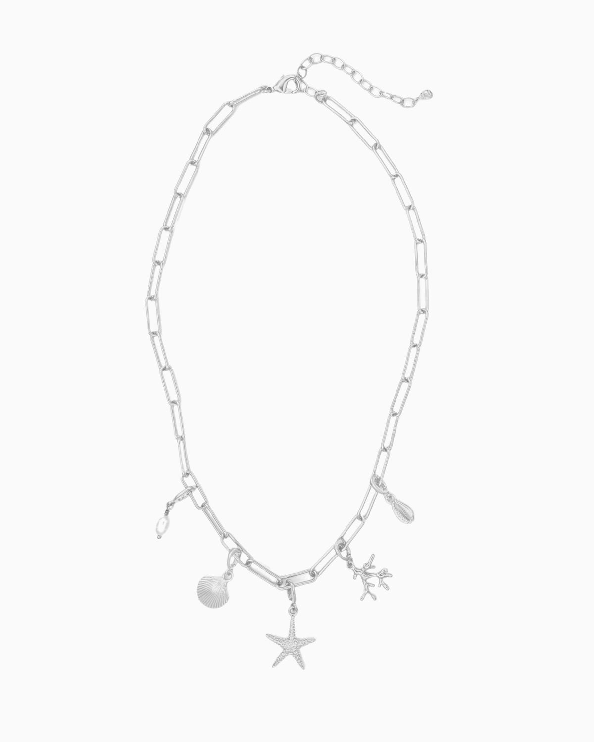 Seaside Charm Necklace with removable cowrie shell, coral branch, starfish, seashell, and  freshwater pearl clip-on charms on a silver paperclip chain