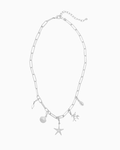 Seaside Charm Necklace with removable cowrie shell, coral branch, starfish, seashell, and  freshwater pearl clip-on charms on a silver paperclip chain