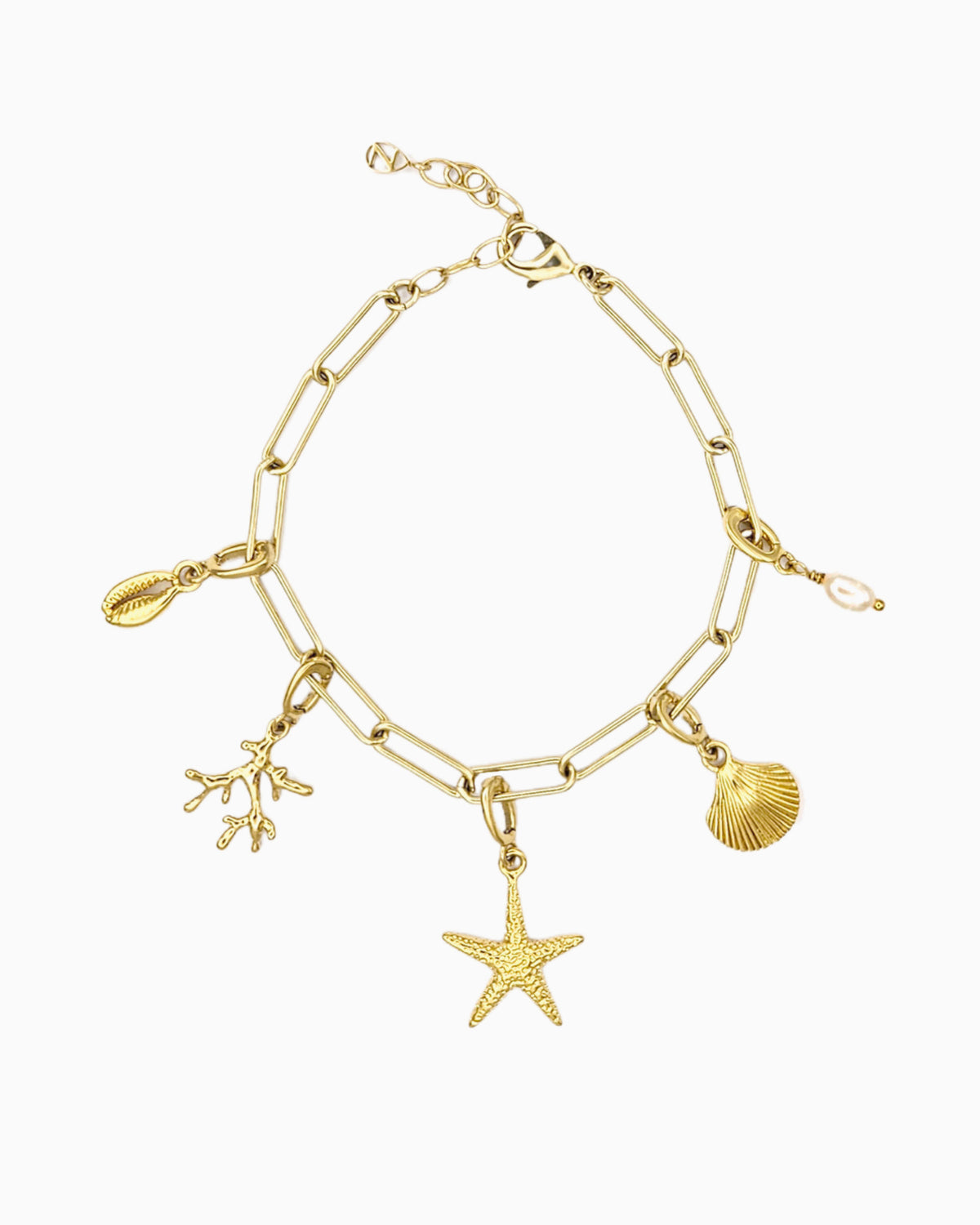 Seaside Charm Bracelet with removable cowrie shell, coral branch, starfish, seashell, and  freshwater pearl clip-on charms on a gold paperclip chain