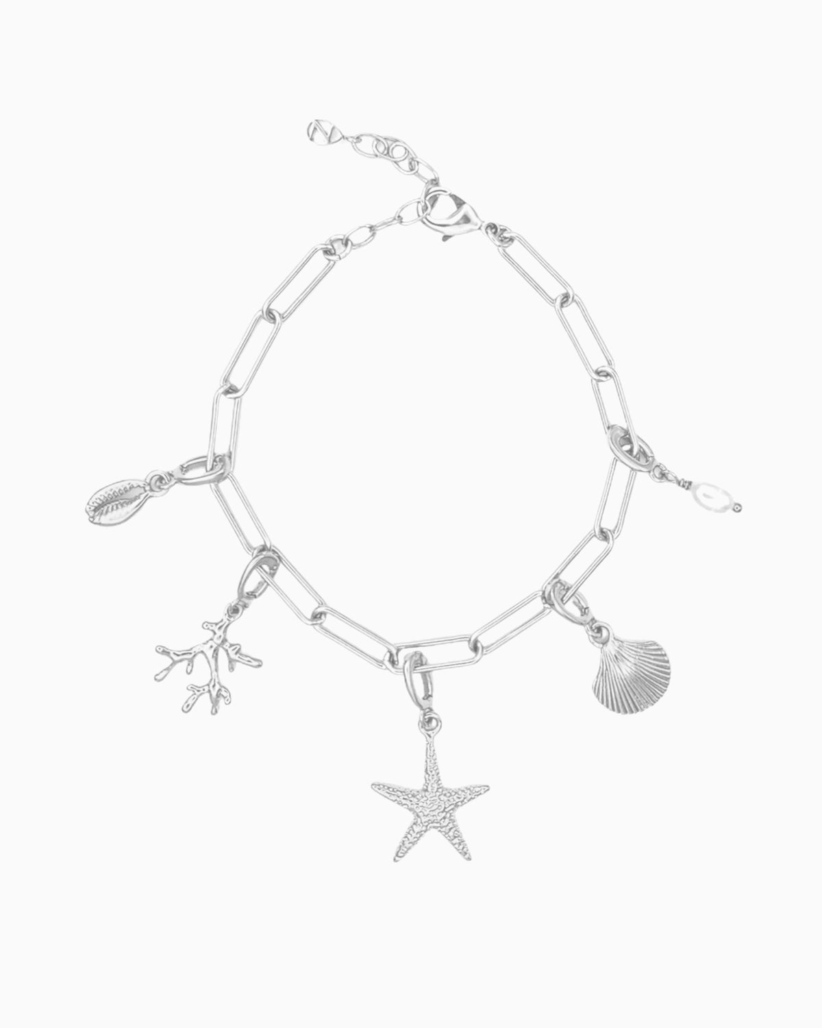 Seaside Charm Bracelet with removable cowrie shell, coral branch, starfish, seashell, and  freshwater pearl clip-on charms on a silver paperclip chain