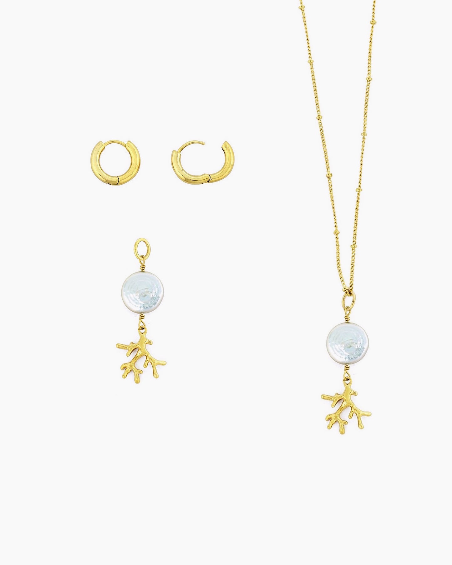 COIN PEARL & CORAL BRANCH DROP HUGGIE EARRINGS
