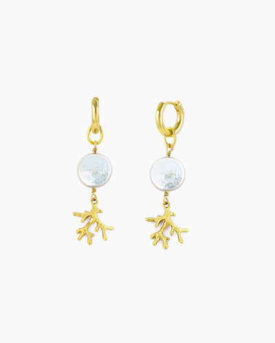 COIN PEARL & CORAL BRANCH DROP HUGGIE EARRINGS