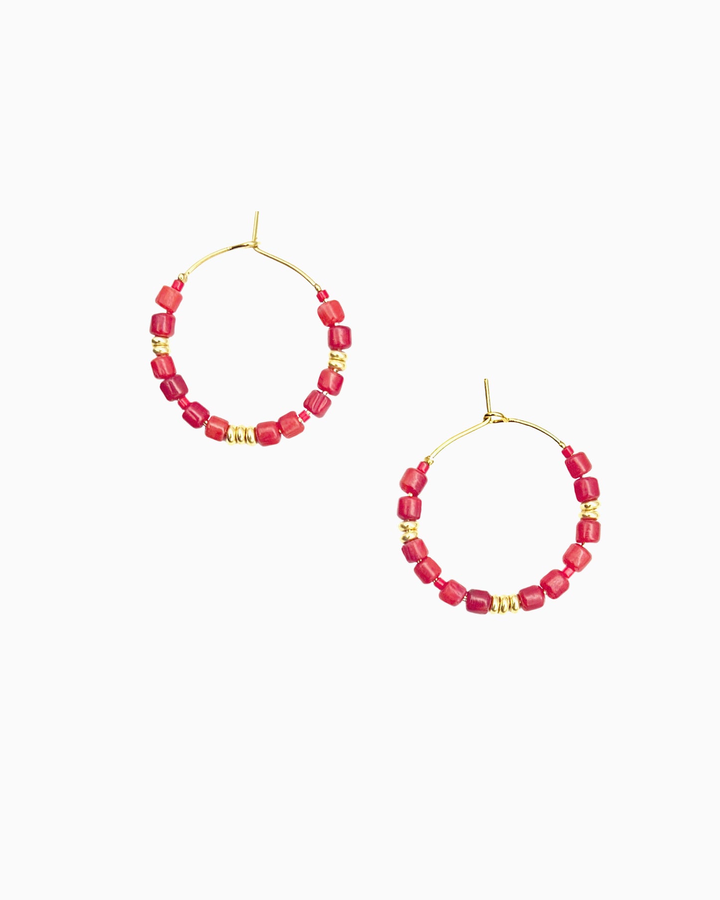 RED CORAL BEADED HOOP EARRINGS