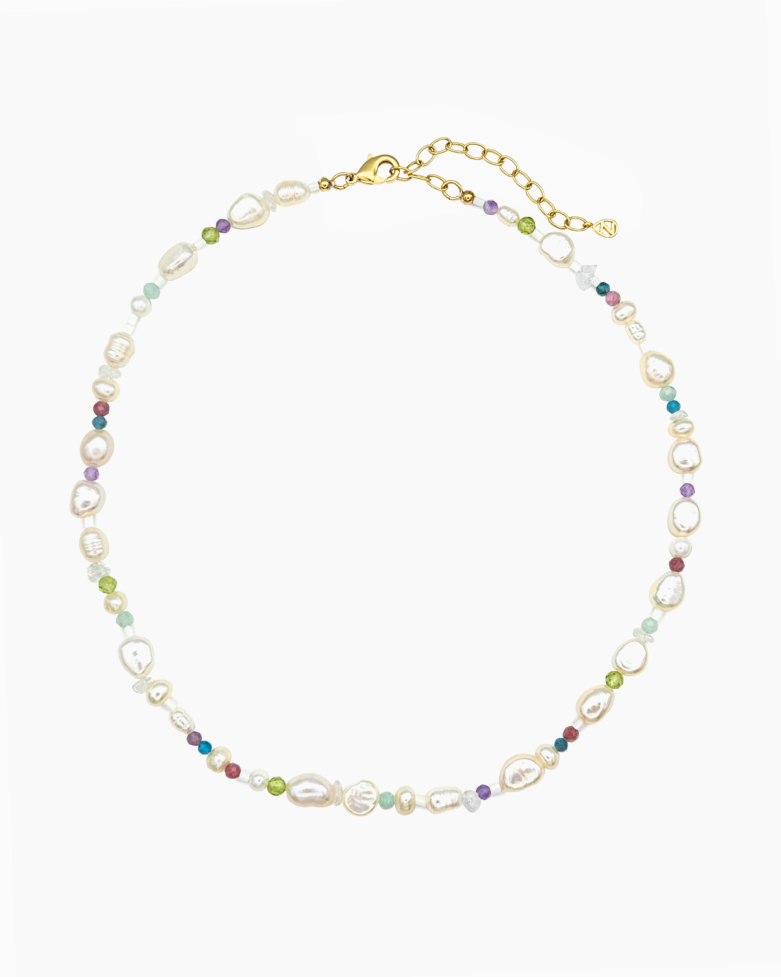 Freshwater pearl and mixed gemstone beaded necklace with soft pastel tones