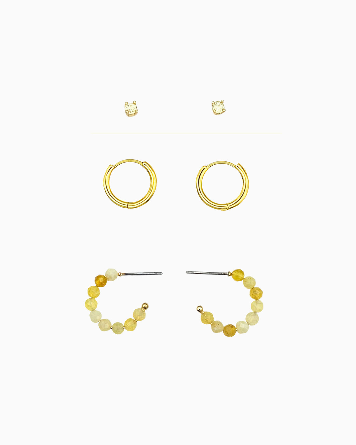 gold pvd plated yellow opal beaded hoops, huggies & light yellow cz studs