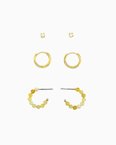 gold pvd plated yellow opal beaded hoops, huggies & light yellow cz studs