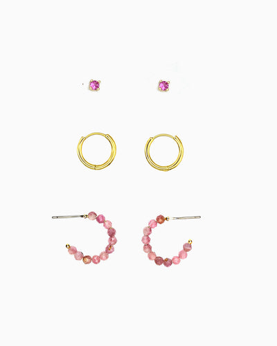 PINK TOURMALINE BEADED HOOPS SET