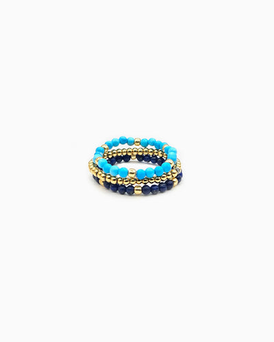 Set of three beaded stretch rings, turquoise, lapis lazuli, and gold beads
