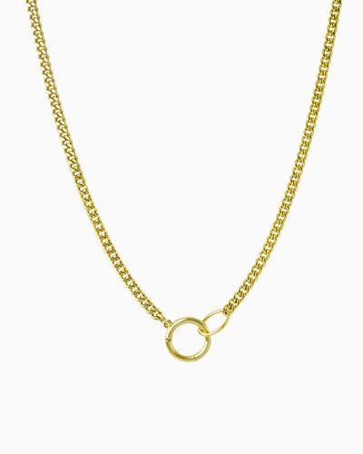 Gold curb chain necklace with a hinged charm holder, designed to be worn alone or customized with ZoHaYo Clip-On Charms.