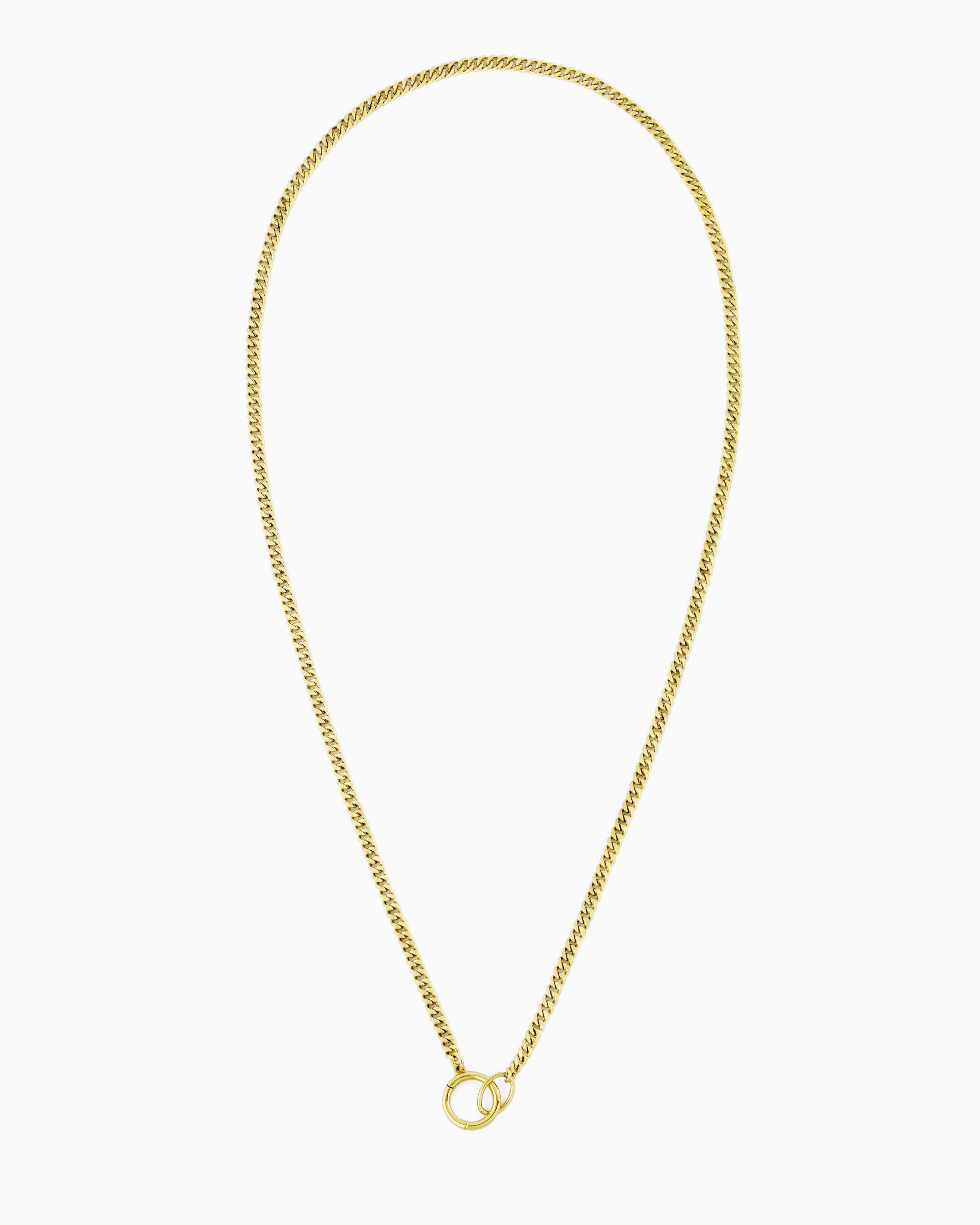 Gold curb chain necklace with a hinged charm holder, designed to be worn alone or customized with ZoHaYo Clip-On Charms.