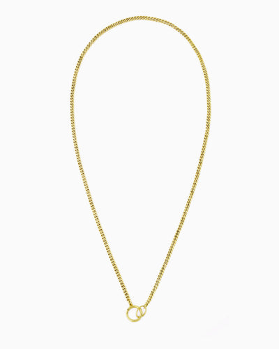 Gold curb chain necklace with a hinged charm holder, designed to be worn alone or customized with ZoHaYo Clip-On Charms.