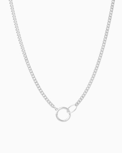 Silver curb chain necklace with a hinged charm holder, designed to be worn alone or customized with ZoHaYo Clip-On Charms.