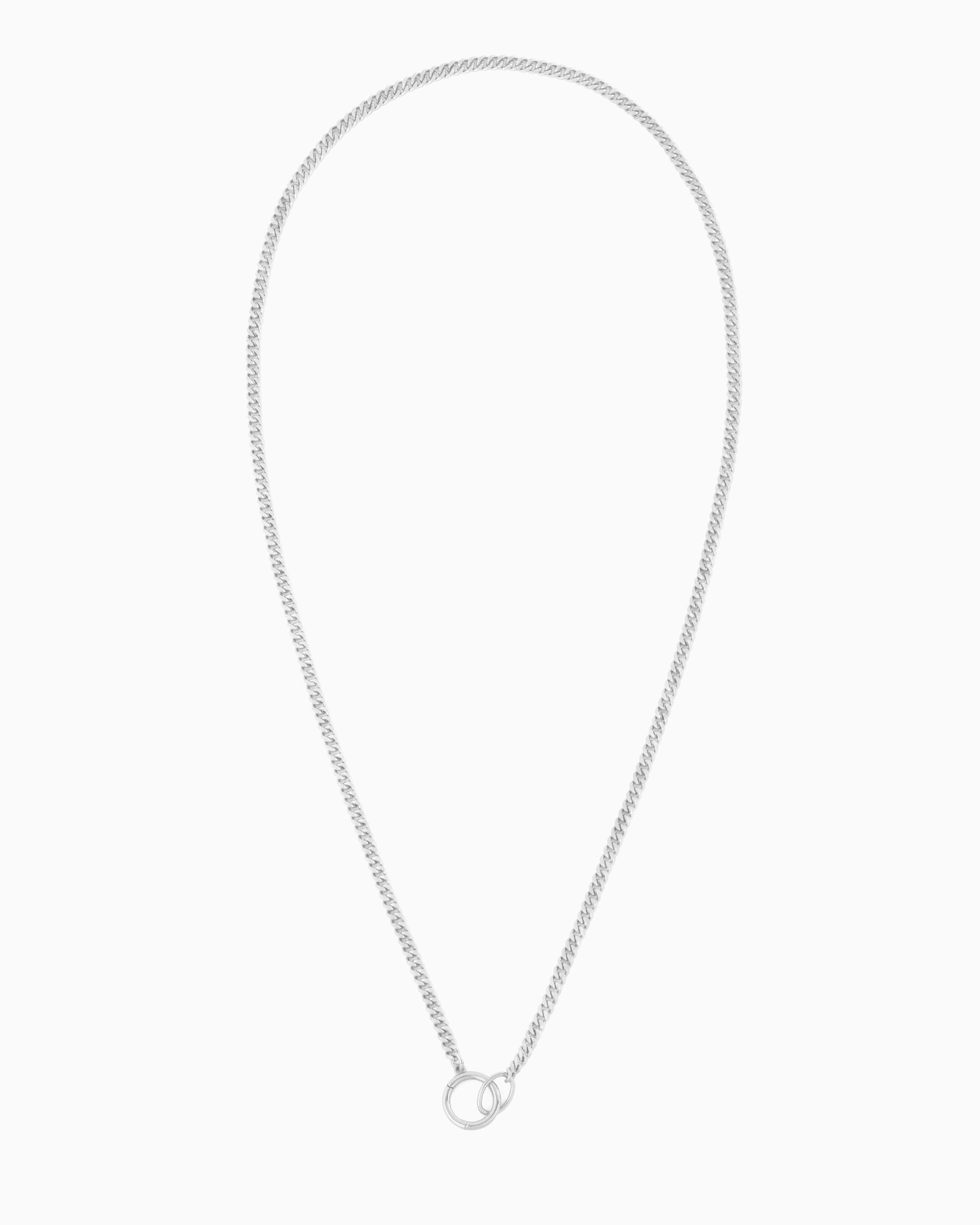 Silver curb chain necklace with a hinged charm holder, designed to be worn alone or customized with ZoHaYo Clip-On Charms.