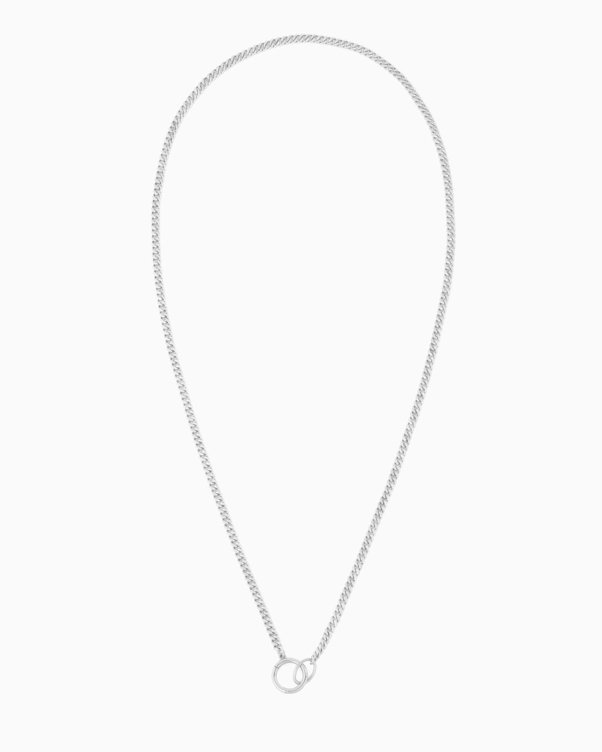 Silver curb chain necklace with a hinged charm holder, designed to be worn alone or customized with ZoHaYo Clip-On Charms.