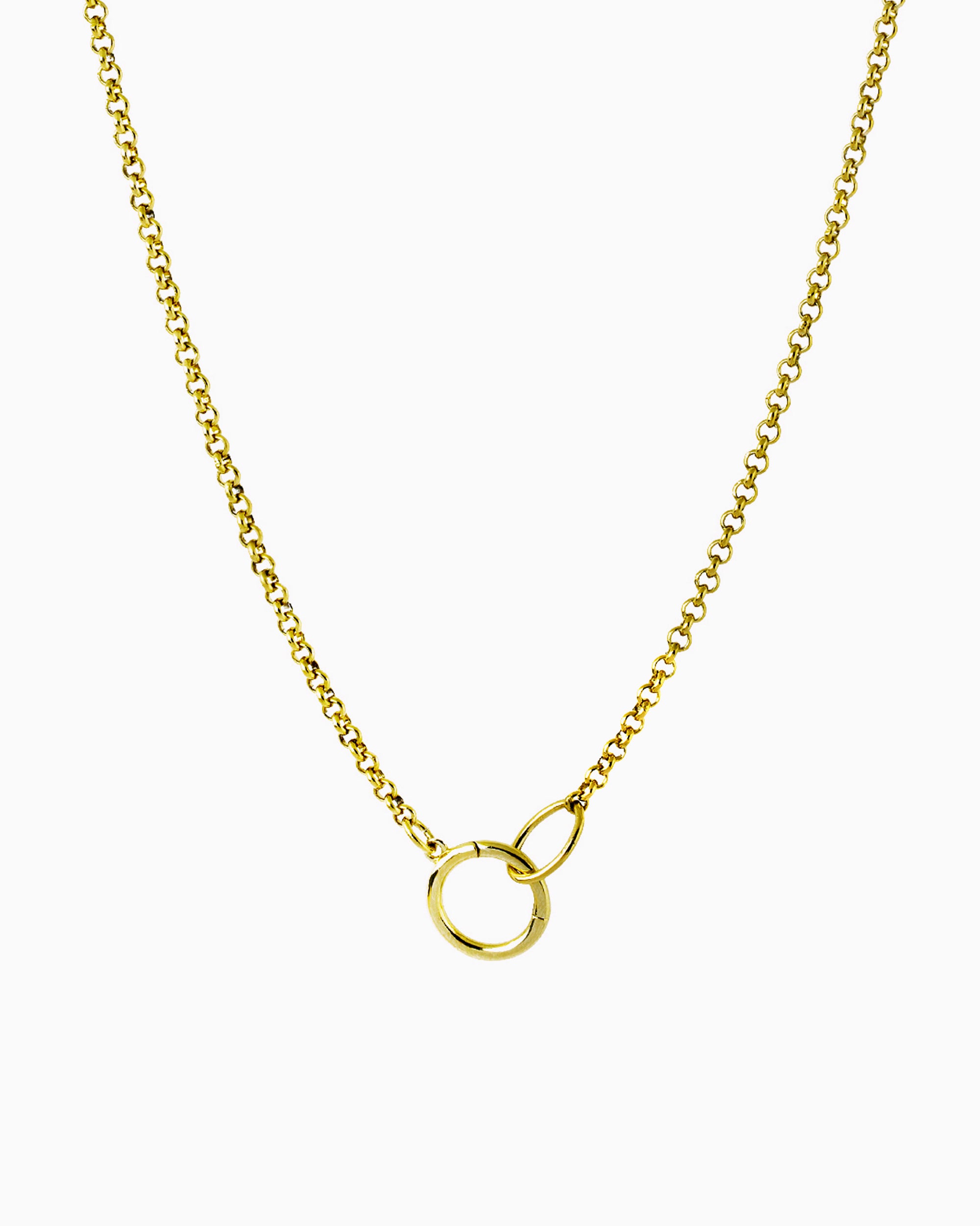 Gold rolo chain necklace with a hinged charm holder, designed to be worn alone or customized with ZoHaYo Clip-On Charms.