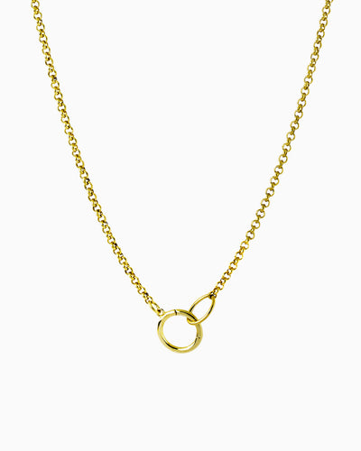 Gold rolo chain necklace with a hinged charm holder, designed to be worn alone or customized with ZoHaYo Clip-On Charms.