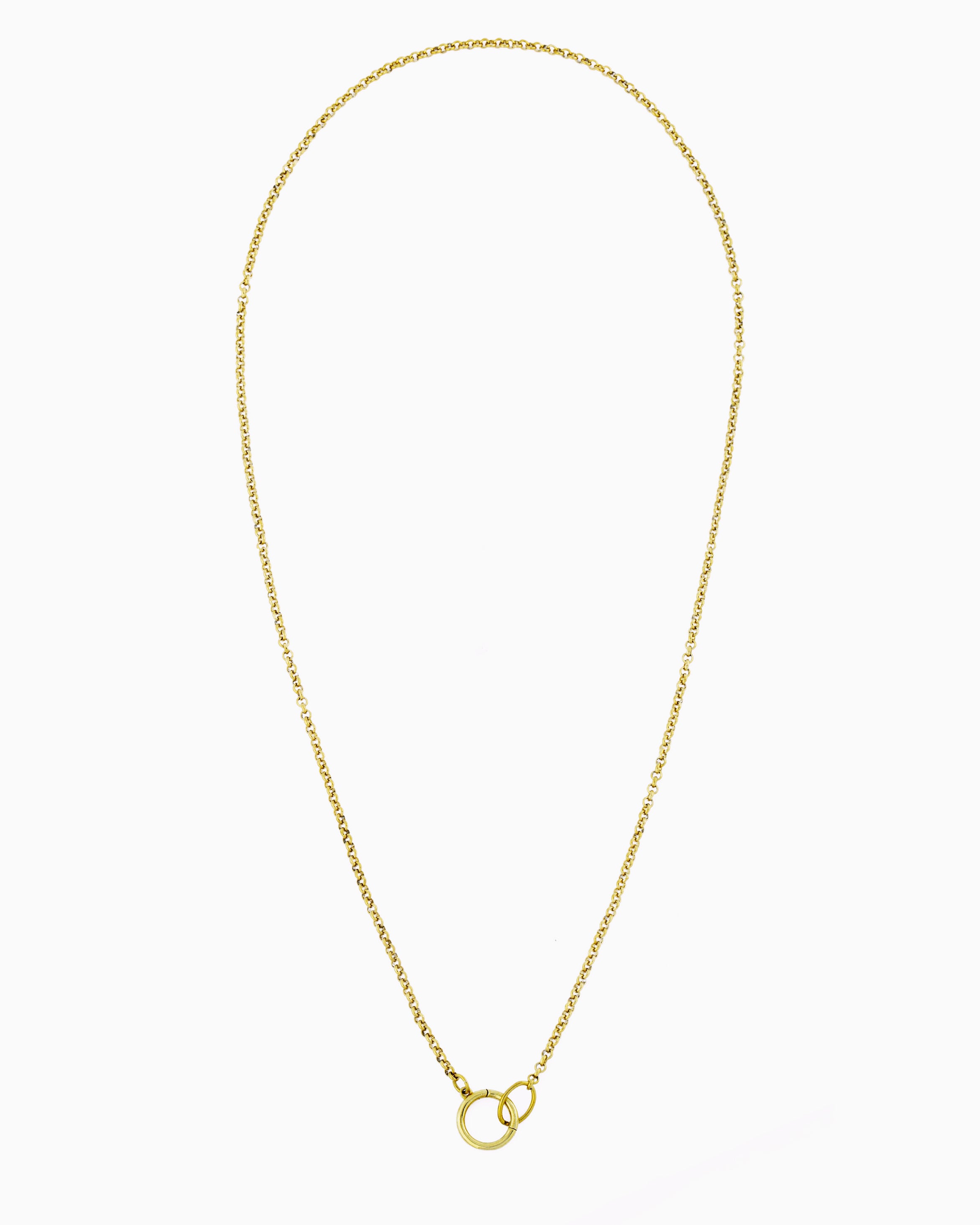 Gold rolo chain necklace with a hinged charm holder, designed to be worn alone or customized with ZoHaYo Clip-On Charms.