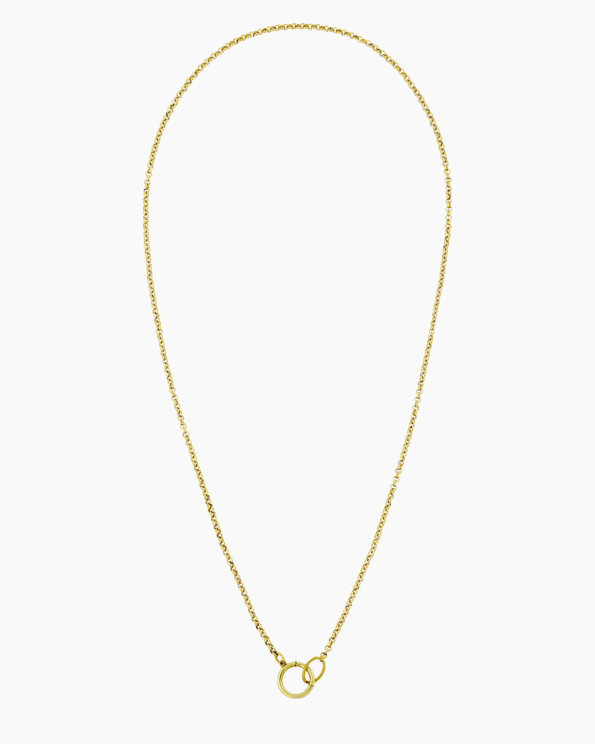 Gold rolo chain necklace with a hinged charm holder, designed to be worn alone or customized with ZoHaYo Clip-On Charms.