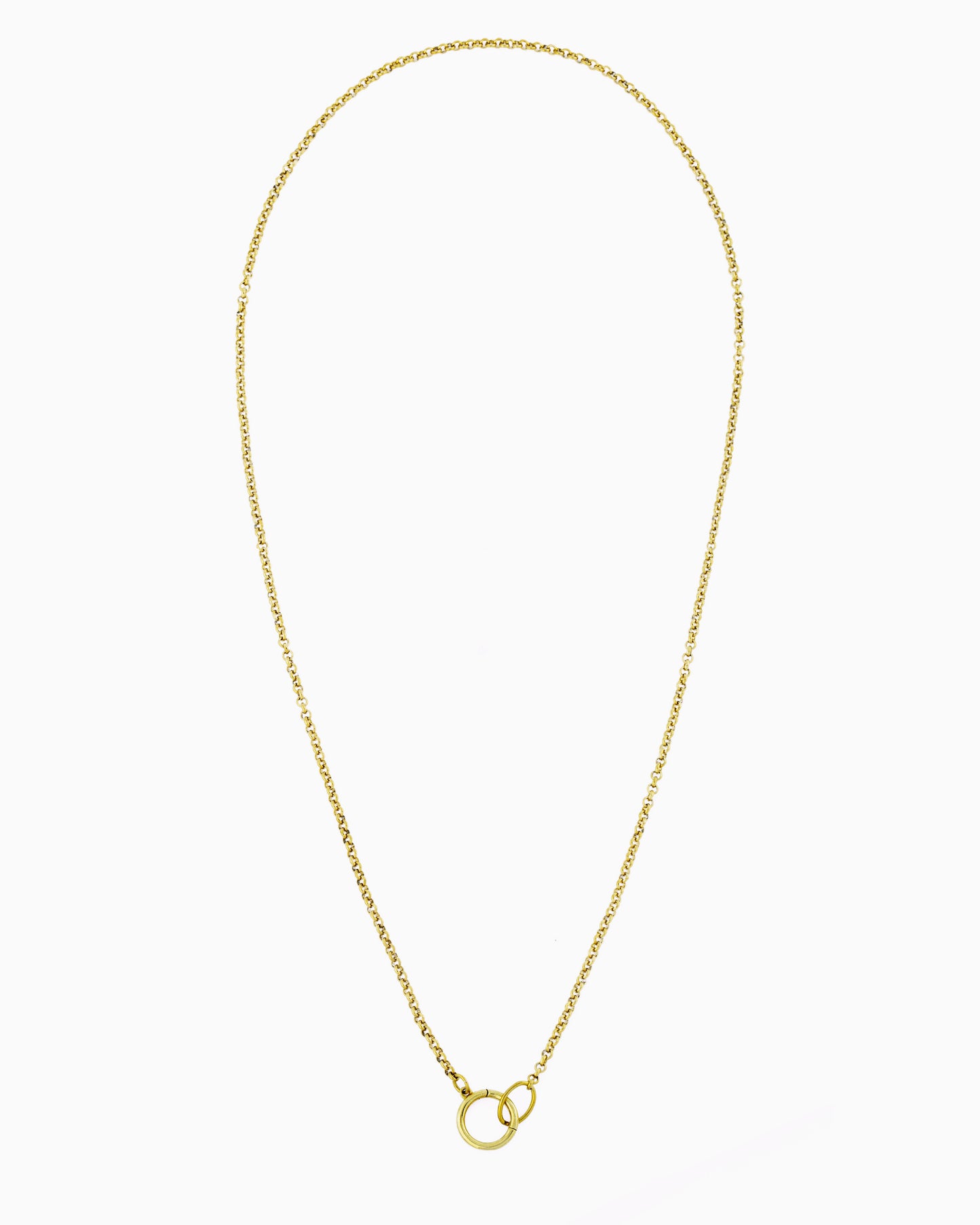 Gold rolo chain necklace with a hinged charm holder, designed to be worn alone or customized with ZoHaYo Clip-On Charms.