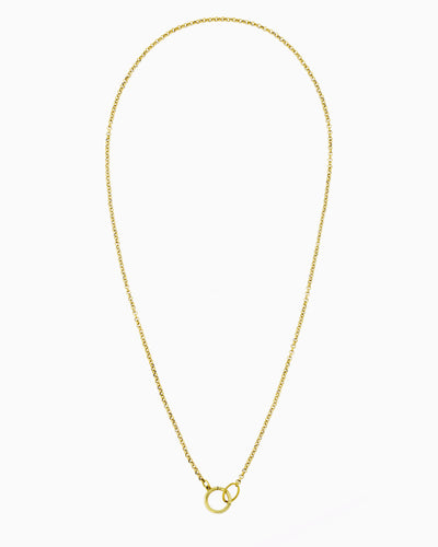 Gold rolo chain necklace with a hinged charm holder, designed to be worn alone or customized with ZoHaYo Clip-On Charms.