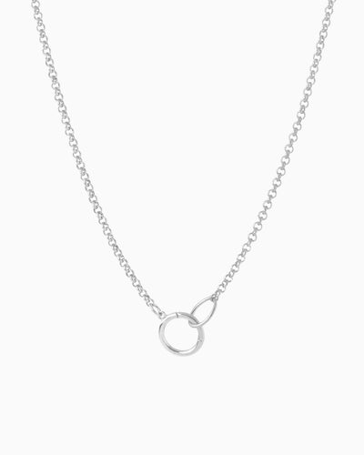 Silver rolo chain necklace with a hinged charm holder, designed to be worn alone or customized with ZoHaYo Clip-On Charms.