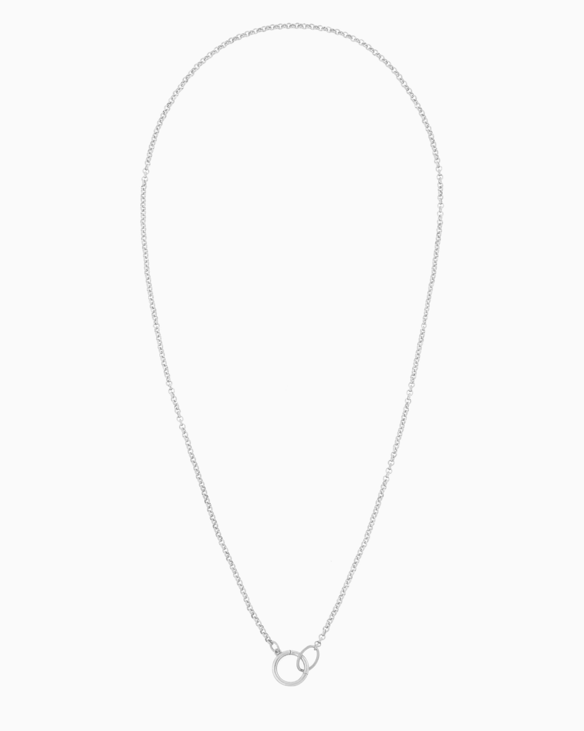 Silver rolo chain necklace with a hinged charm holder, designed to be worn alone or customized with ZoHaYo Clip-On Charms.