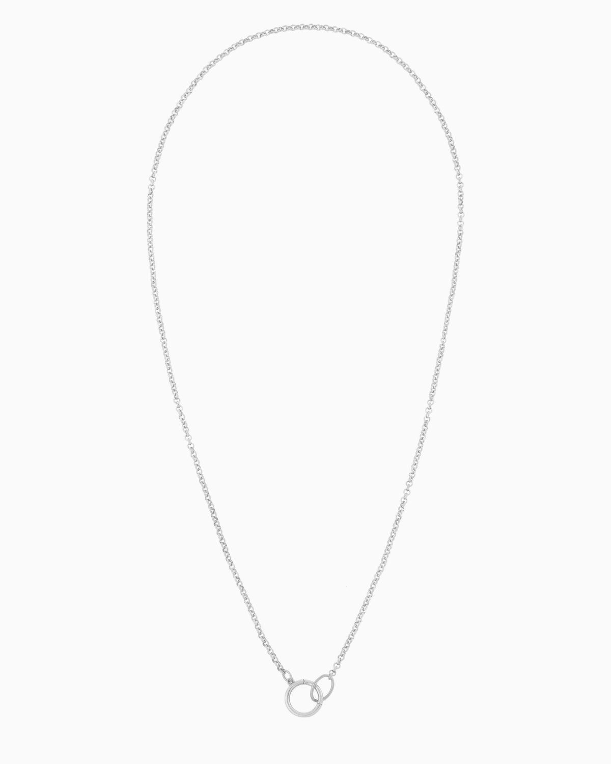 Silver rolo chain necklace with a hinged charm holder, designed to be worn alone or customized with ZoHaYo Clip-On Charms.