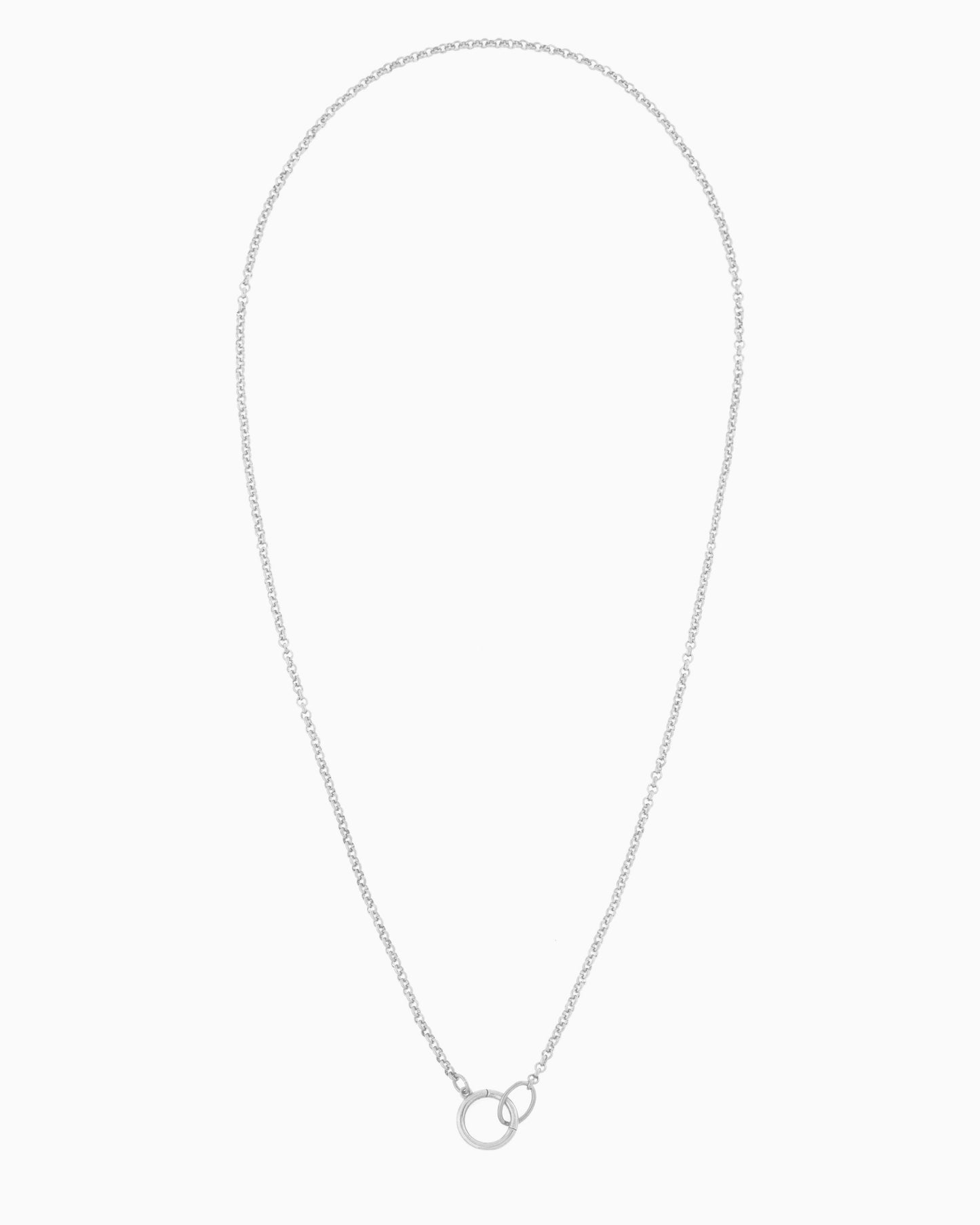 Silver rolo chain necklace with a hinged charm holder, designed to be worn alone or customized with ZoHaYo Clip-On Charms.