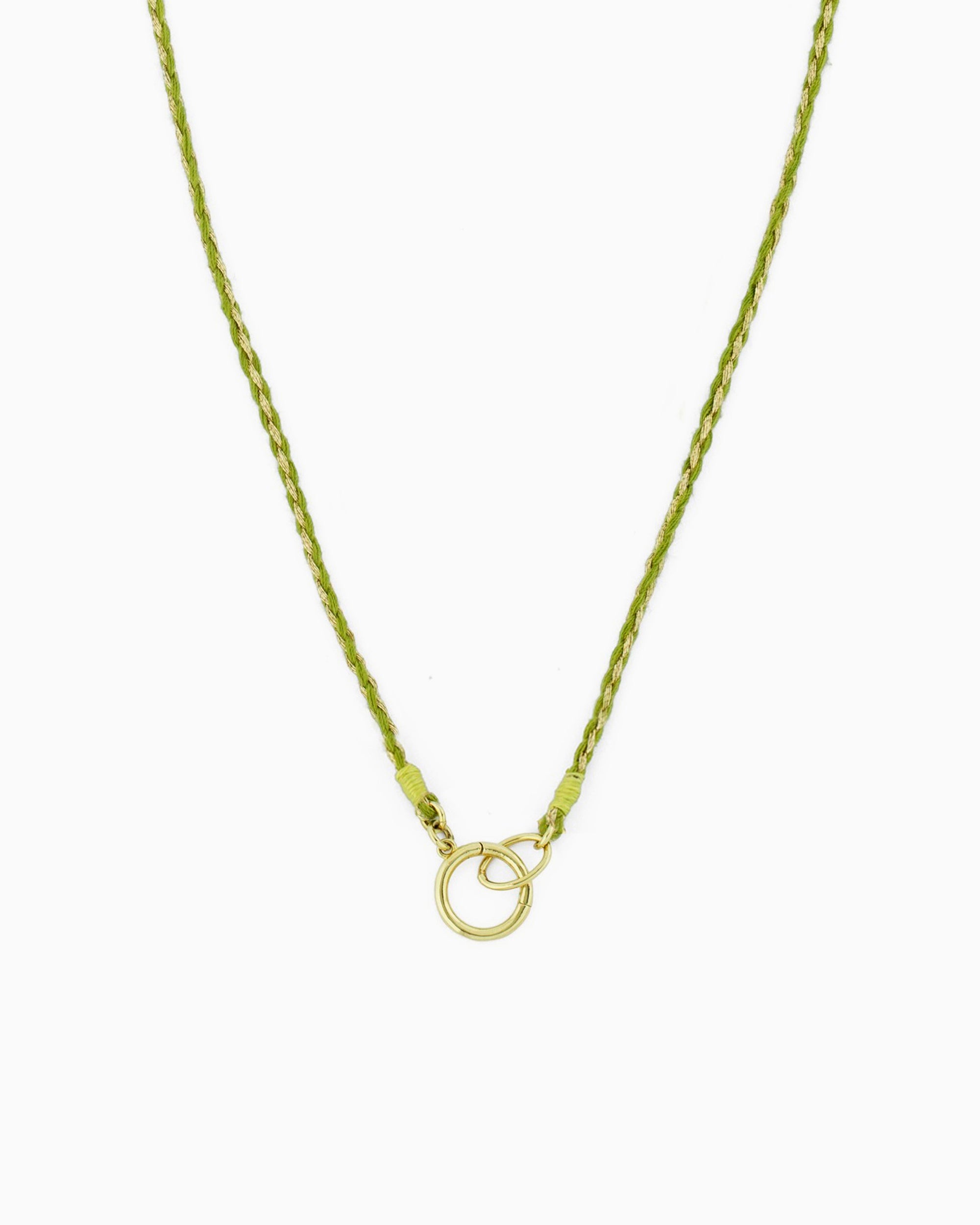 Hand-braided green cord necklace with a gold charm holder ring, designed to be worn alone or personalized with ZoHaYo Clip-On Charms.