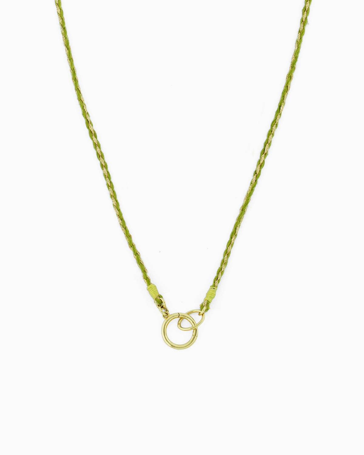 Hand-braided green cord necklace with a gold charm holder ring, designed to be worn alone or personalized with ZoHaYo Clip-On Charms.