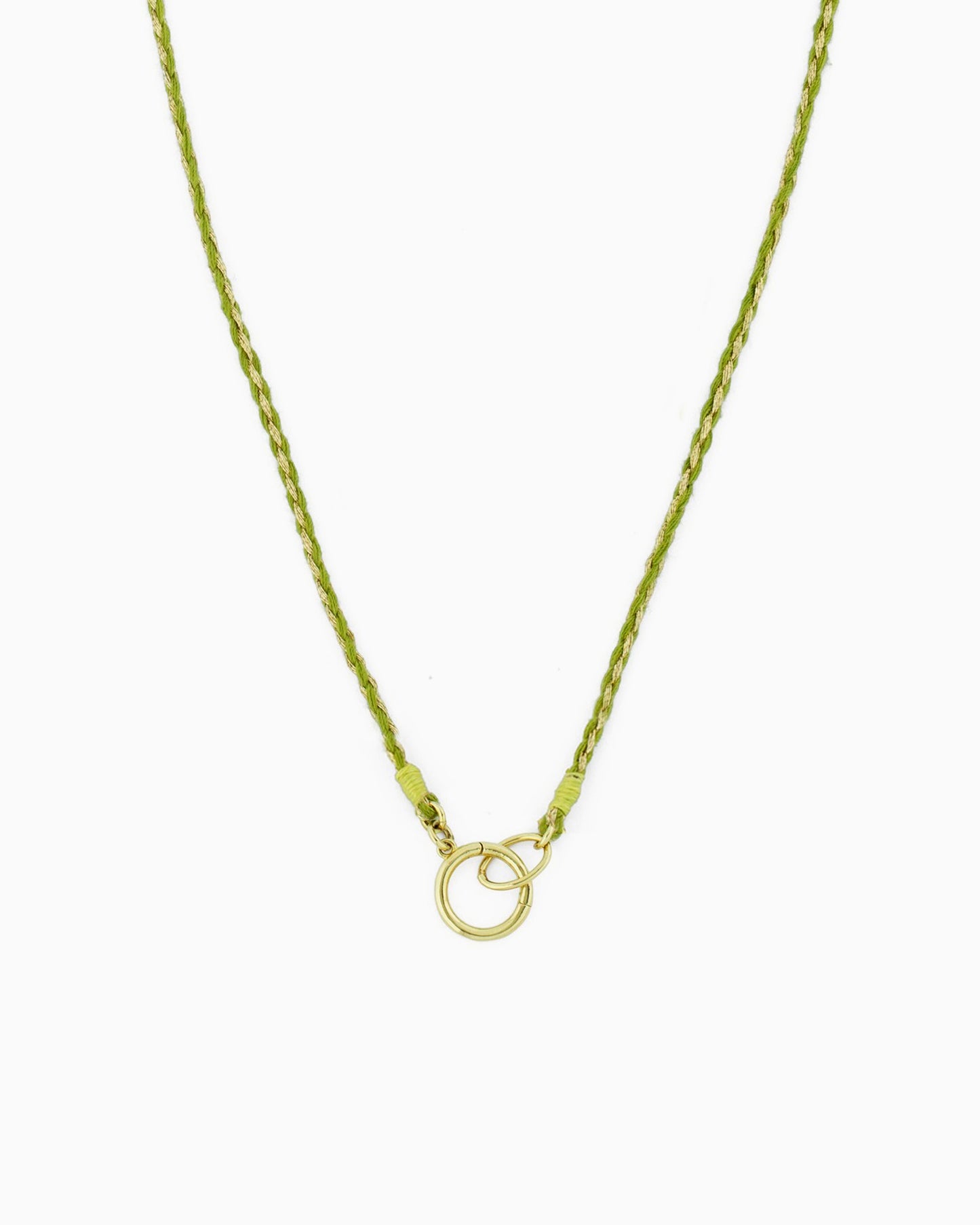 Hand-braided green cord necklace with a gold charm holder ring, designed to be worn alone or personalized with ZoHaYo Clip-On Charms.
