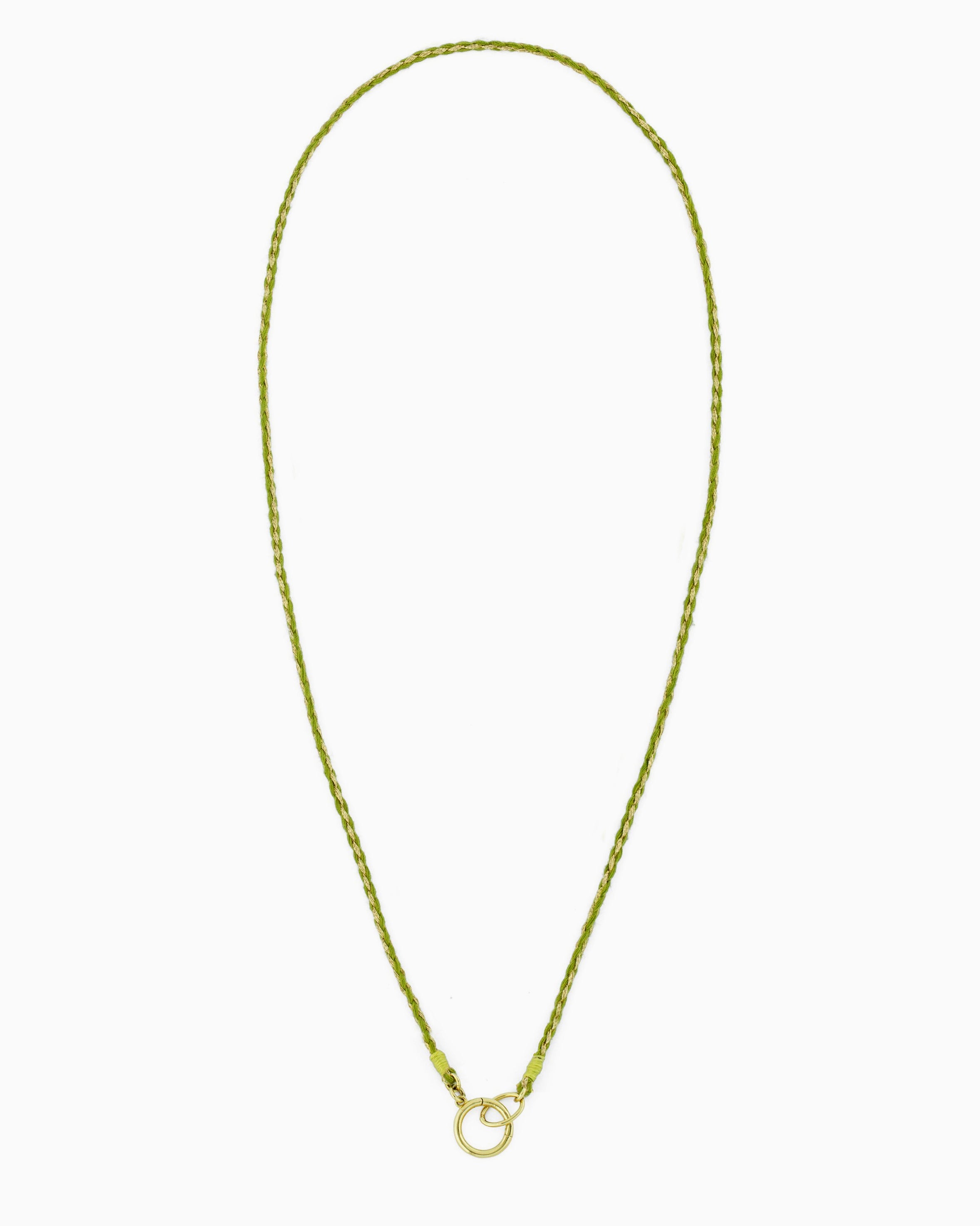 Hand-braided green cord necklace with a gold charm holder ring, designed to be worn alone or personalized with ZoHaYo Clip-On Charms.