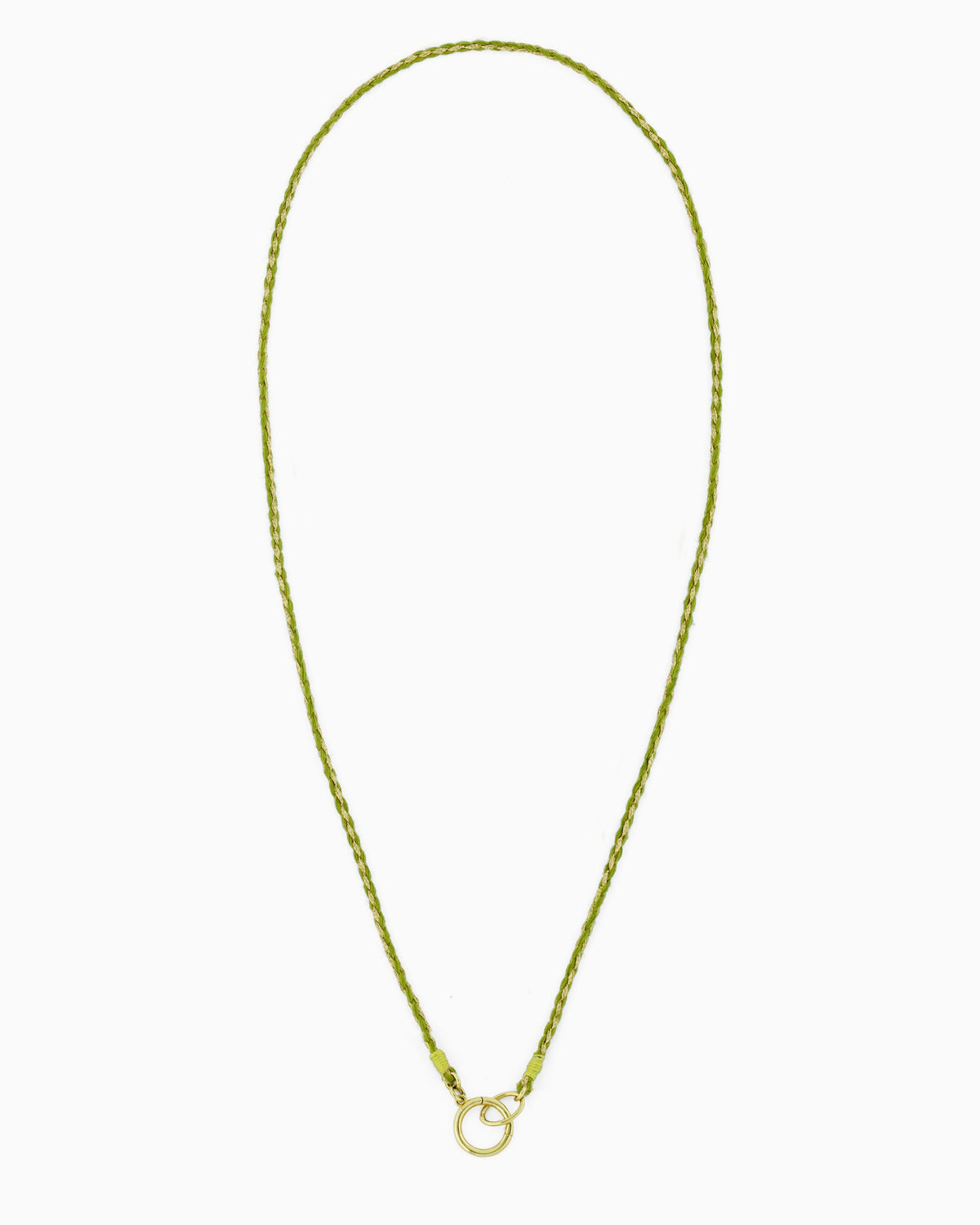 Hand-braided green cord necklace with a gold charm holder ring, designed to be worn alone or personalized with ZoHaYo Clip-On Charms.