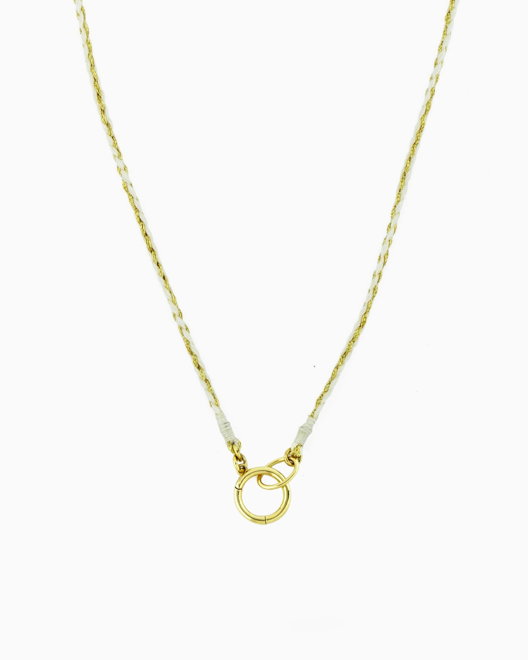 Hand-braided green cord necklace with a gold charm holder ring, designed to be worn alone or personalized with ZoHaYo Clip-On Charms.