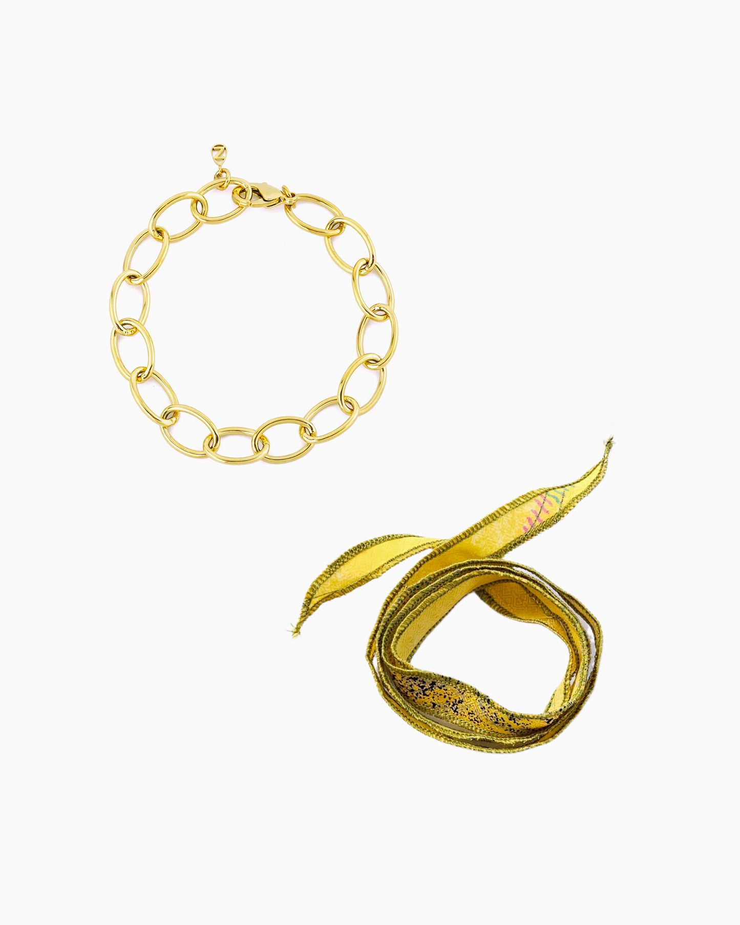 SUNLIT GREEN SILK RIBBON CHAIN BRACELET
