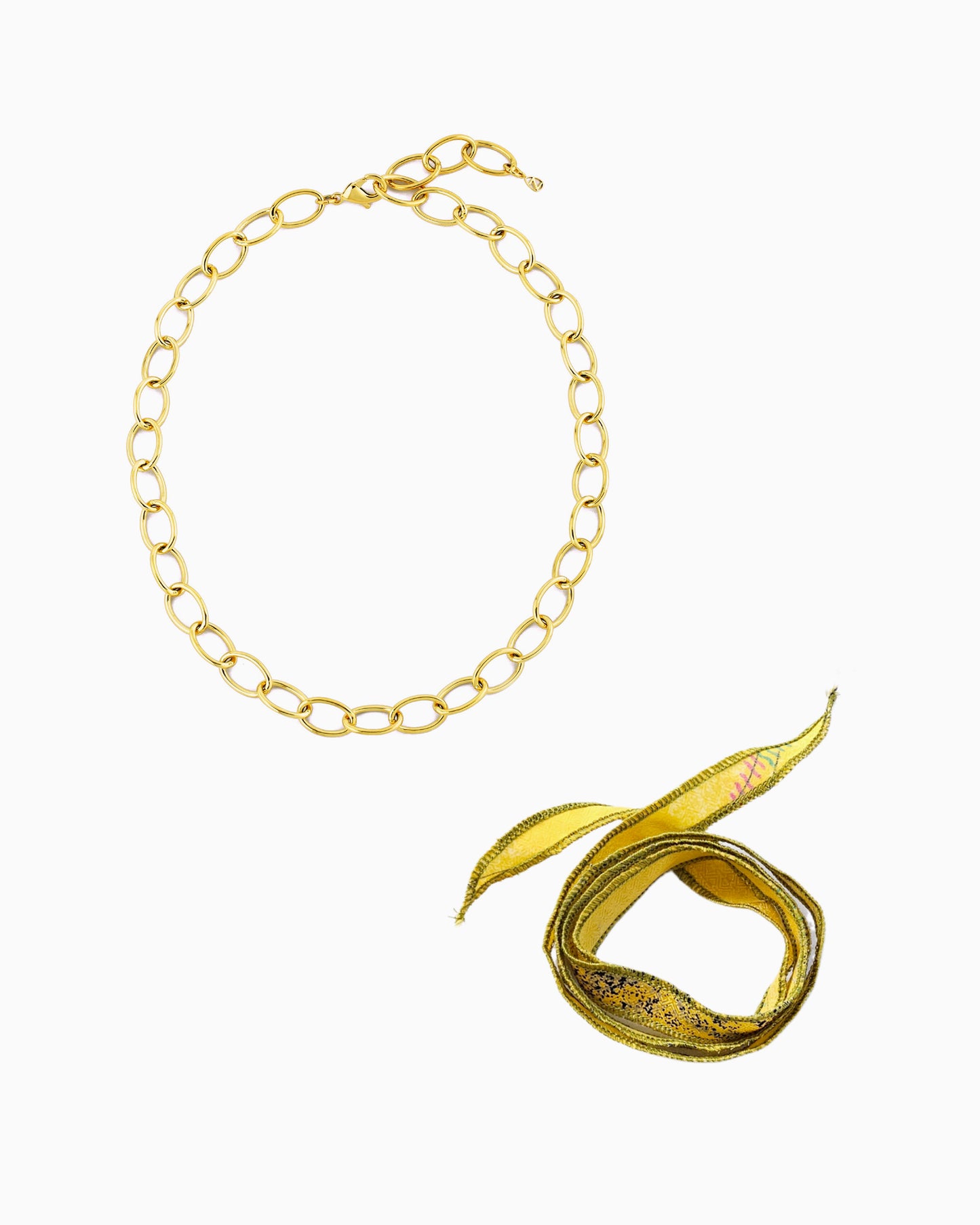 SUNLIT GREEN SILK RIBBON CHAIN NECKLACE