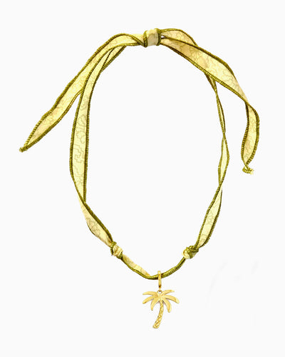 SUNLIT GREEN SILK RIBBON CHARM NECKLACE